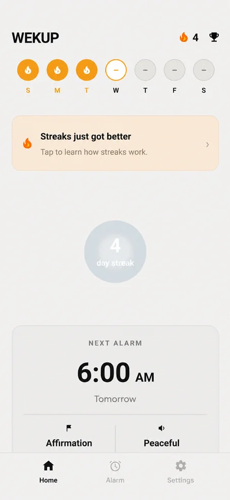 Wekup home screen showing a 4-day wake-up streak and the next alarm set for 6:00 AM with an Affirmation mission
