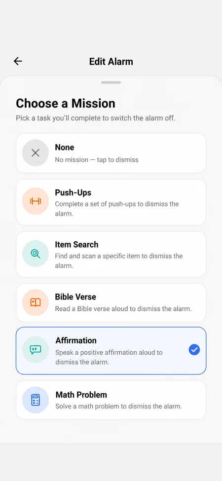 Wekup mission picker listing Push-Ups, Item Search, Bible Verse, Affirmation and Math Problem alarm missions